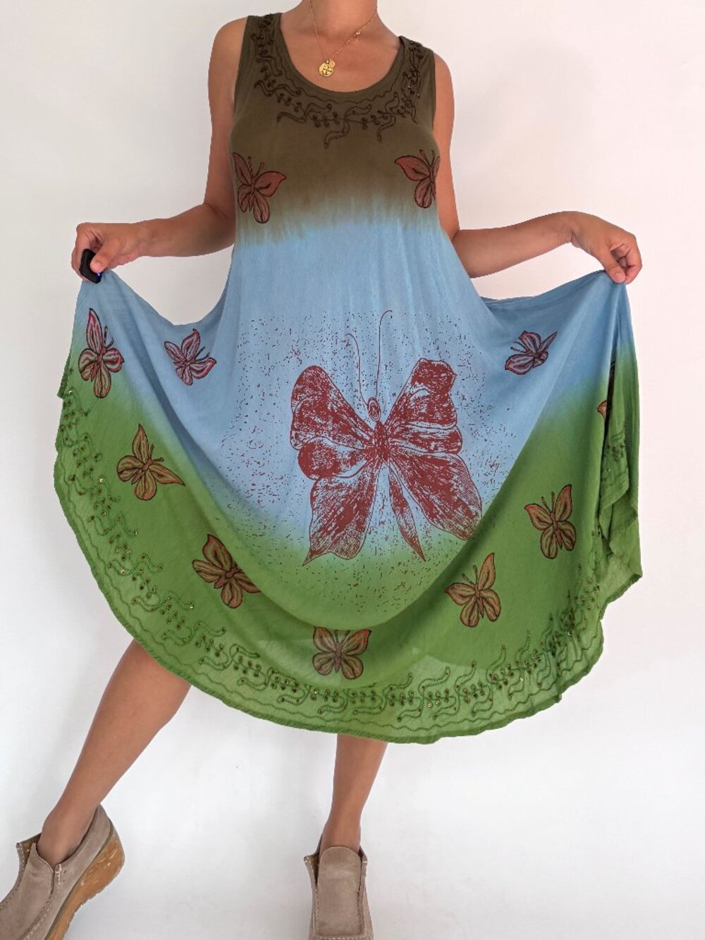 90s vintage boho fairy butterfly print flowy umbrella dress vacation cover up